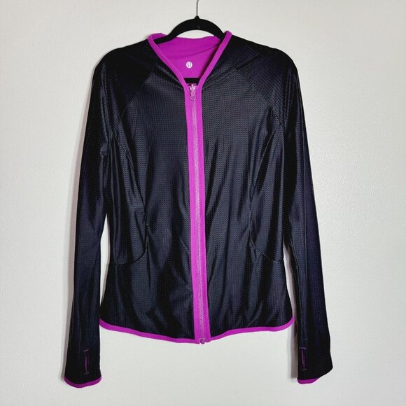 Lululemon Purple Black Reversible Jacket Size 12 Long‎ Sleeve Zip Up Tumb Holes - Picture 4 of 7